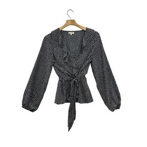 MAX STUDIO Black White Polka Dot Wrap Peplum Blouse Shirt Women Size M
